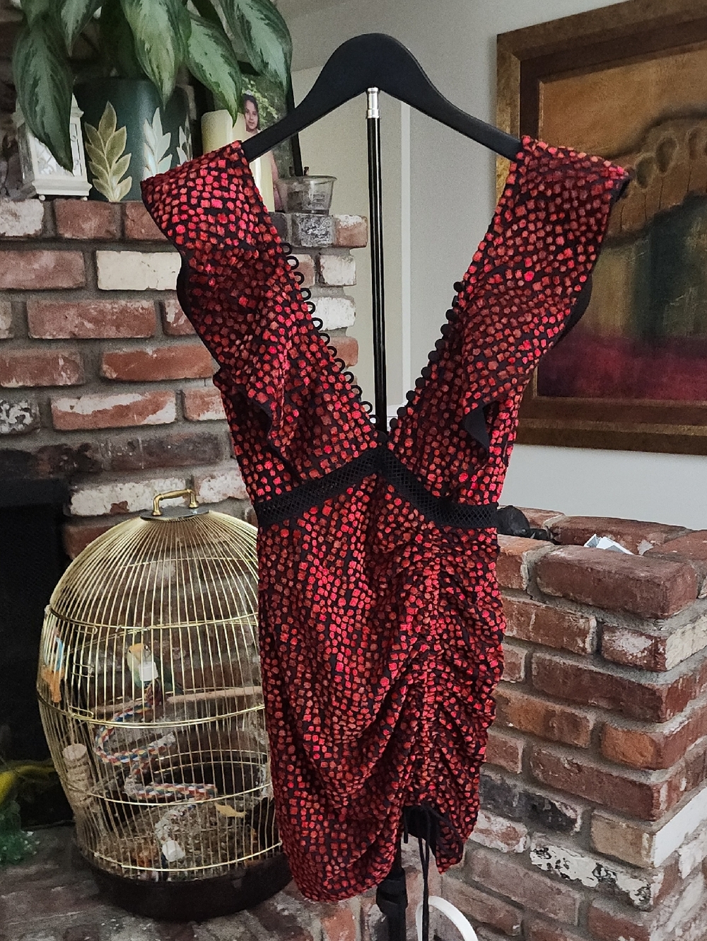 Self-Portrait Red Black Ruffle Lace Trim Ruched Mini Dress Cocktail Party